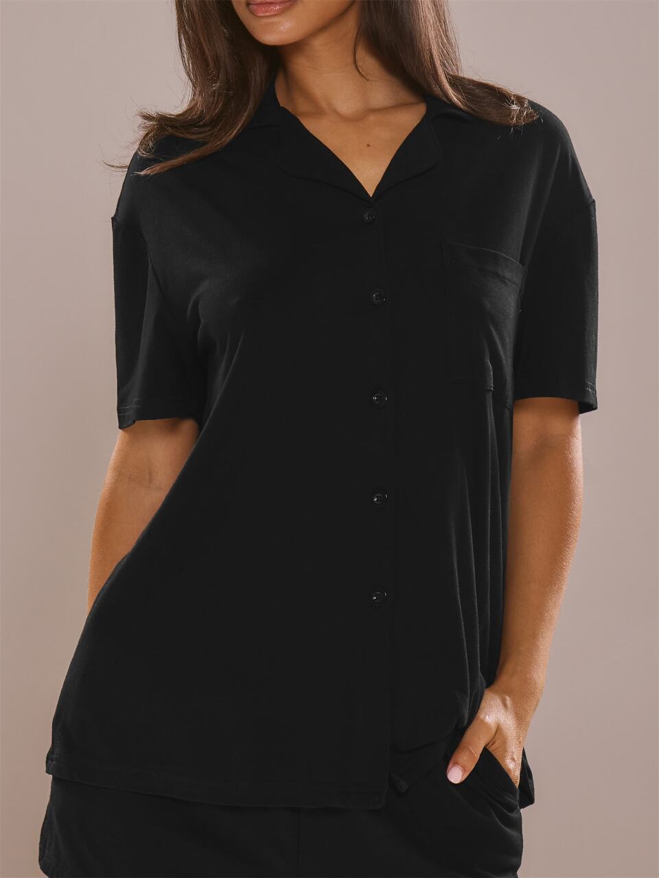 Black Button Through Pocket Detail Oversized Boyfriend Style Pajama Shirt With Loose Fit Mini Shorts Sold As 2 Piece Set