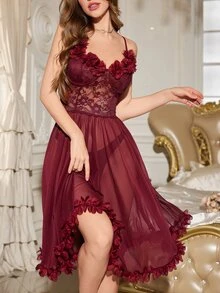 Slumberist 3D Floral Decor Patchwork Lace Mesh See-Through Nightgown Babydoll With Oversized Dress PerfectSummer - Burgundy - View 7
