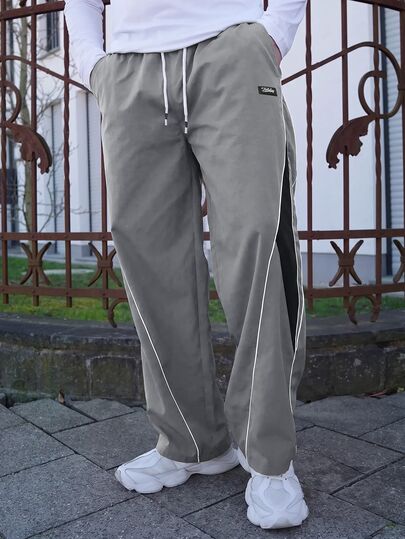 LEOGASHI LEOGASHI Herrstreetstyle lösa joggers med dragsknitthög midja, kontrastfärgade avslappnade byxor, lämpliga för vardagsbruk, kanttrim, bekväm elastisk midja, sportig stil, raka ben, gymmode