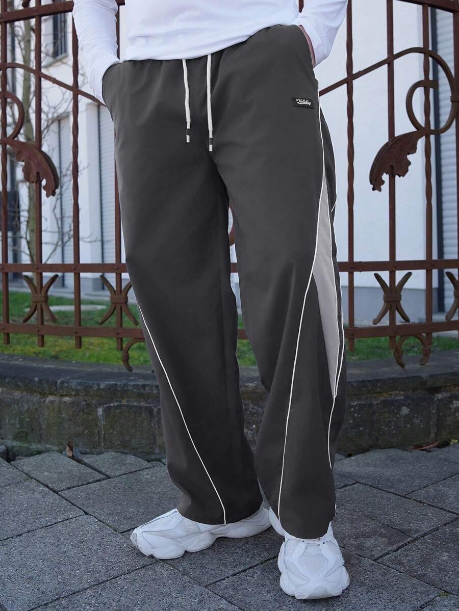 LEOGASHI LEOGASHI 男士街頭風寬鬆抽繩腰運動慢跑褲，撞色休閒長褲，適合休閒穿著，舒適彈性抽繩腰帶，運動風撞色時尚休閒直筒褲，健身時尚
