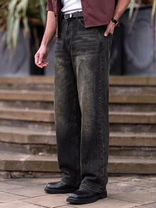 YOUESAWY YOUESAWY Herrjeans med lös passform, retro, lämpliga för alla årstider, grungefärgade, värmande - Svart - Visa 4