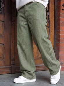 LEOGASHI LEOGASHI 1件复古美式男士宽松阔腿棕色牛仔裤，卡通大象刺绣，男女通用（不含腰带和配饰） - 軍綠色 - 查看 6