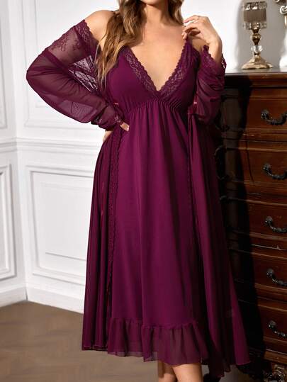 Slumberist Plus Contrast Lace Ruffle Hem Robe & Cami Dress, Fall & Winter Clothes Cozy And Elegant Details