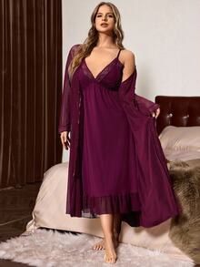 Slumberist Plus Contrast Lace Ruffle Hem Robe & Cami Dress, Fall & Winter Clothes Cozy And Elegant Details - Maroon - View 1