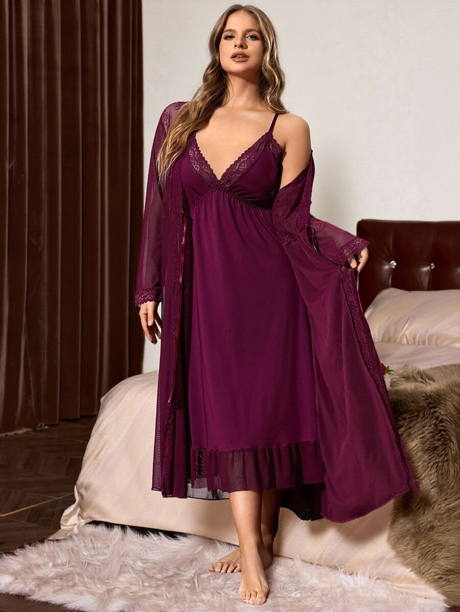 Slumberist Plus Contrast Lace Ruffle Hem Robe & Cami Dress, Fall & Winter Clothes Cozy And Elegant Details - Maroon - View 1