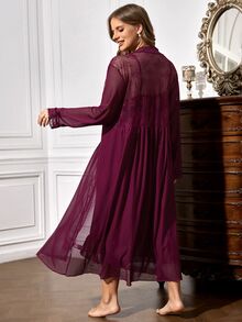 Slumberist Plus Contrast Lace Ruffle Hem Robe & Cami Dress, Fall & Winter Clothes Cozy And Elegant Details - Maroon - View 2