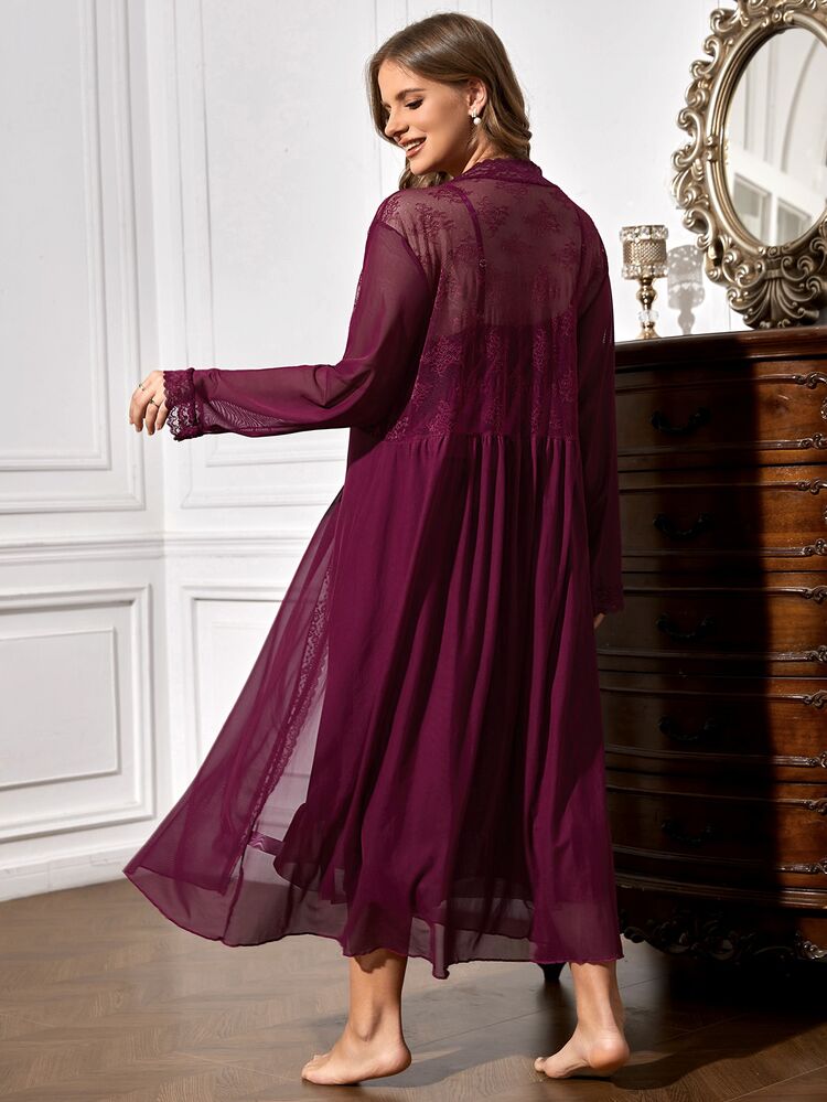 Slumberist Plus Contrast Lace Ruffle Hem Robe & Cami Dress, Fall & Winter Clothes Cozy And Elegant Details - Maroon - View 2
