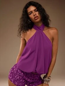 TypaGal Summer Boho Tropical Sexy Festival Vacation Y2K Ibiza Carnival Party Night Out Club Night Golf Beach Women's Backless Beaded Halter Neck Top Purple - Purple - View 2