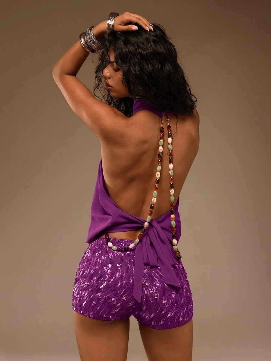 TypaGal Summer Boho Tropical Sexy Festival Vacation Y2K Ibiza Carnival Party Night Out Club Night Golf Beach Women's Backless Beaded Halter Neck Top Purple - Purple - View 1