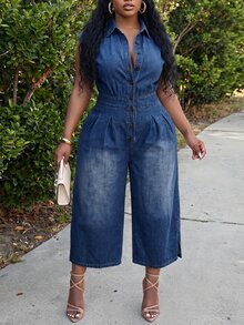 Slaydiva Plus Size Button Waist Ruched Loose Denim Jumpsuit 3/4 Length Vacation Outfits Party Birthday Summer Casual Baggy - Blue - View 6