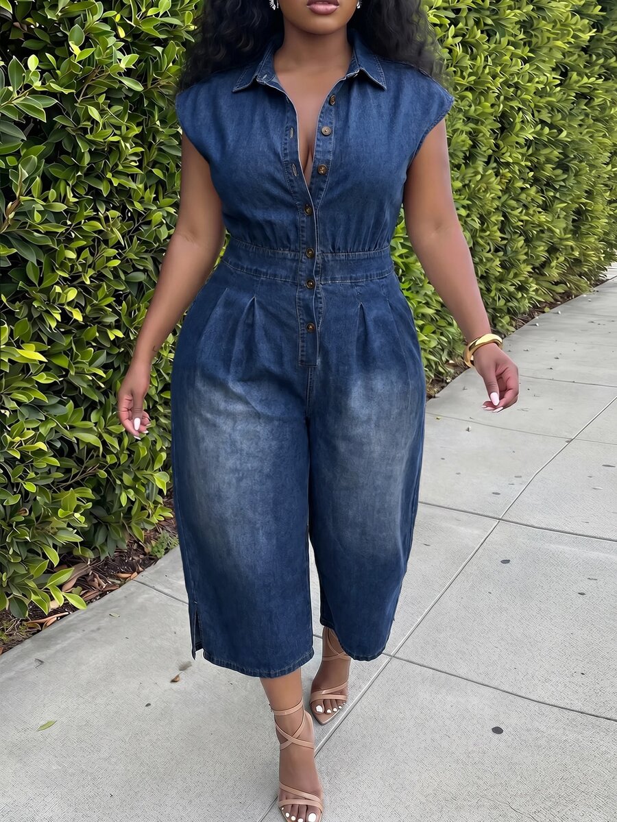 Slaydiva Plus Size Button Waist Ruched Loose Denim Jumpsuit 3/4 Length Vacation Outfits Party Birthday Summer Casual Baggy - Blue - View 1