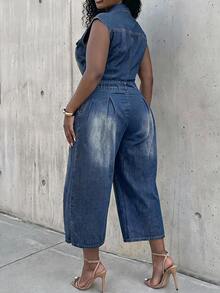 Slaydiva Plus Size Button Waist Ruched Loose Denim Jumpsuit 3/4 Length Vacation Outfits Party Birthday Summer Casual Baggy - Blue - View 2