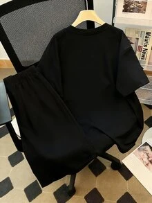 2件組青少年男孩T恤套裝，字母印花，黑灰色拼接街頭時尚短袖上衣與短褲兩件套 - 彩色 - 查看 3