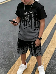 2件組青少年男孩T恤套裝，字母印花，黑灰色拼接街頭時尚短袖上衣與短褲兩件套 - 彩色 - 查看 2