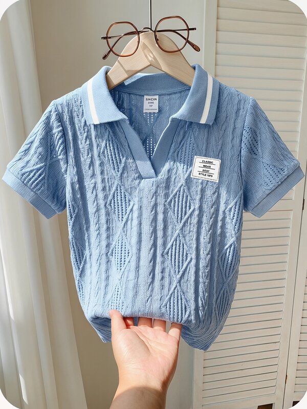SHEIN Young Boy Sporty & Casual Color Block Short Sleeve Polo Shirt, Back-To-School Summer Career Day, Decorative Details, Kids , Daily Leisure, School