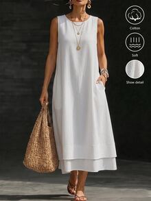 SHEIN LUNE CURVE 大尺碼女款 100% 純棉無袖雙層下擺口袋休閒日常洋裝 - 白色 - 查看 4