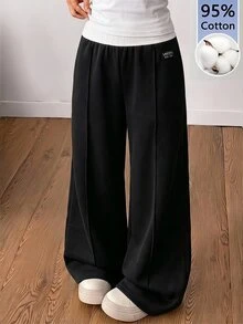 SHEIN 青少年女孩時尚休閒拼色腰帶運動長褲 - 黑色 - 查看 1