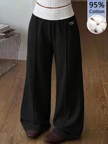 SHEIN 青少年女孩時尚休閒拼色腰帶運動長褲 - 黑色 - 查看 11