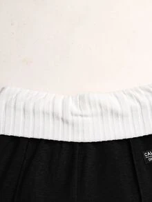 SHEIN 青少年女孩時尚休閒拼色腰帶運動長褲 - 黑色 - 查看 5