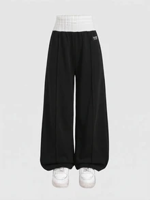 SHEIN 青少年女孩時尚休閒拼色腰帶運動長褲 - 黑色 - 查看 2