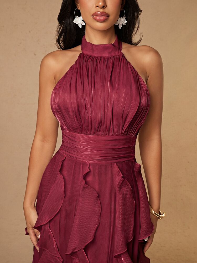 Silquee Women's Vintage Elegant Pleated Waist Ruffle Halter Neck Dress - Burgundy - View 5