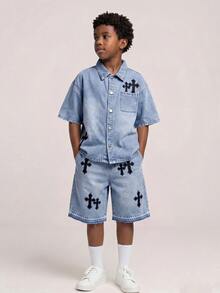 Kids Tween Boy Cross Embroidery Top & Denim Shorts Set - Light Wash - View 8