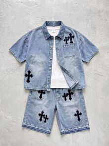 Kids Tween Boy Cross Embroidery Top & Denim Shorts Set - Light Wash - View 1