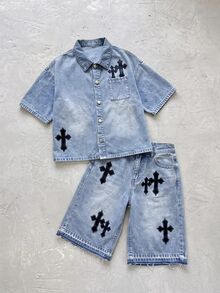 Kids Tween Boy Cross Embroidery Top & Denim Shorts Set - Light Wash - View 5