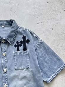 Kids Tween Boy Cross Embroidery Top & Denim Shorts Set - Light Wash - View 6