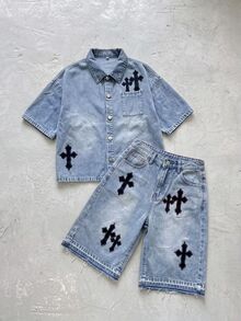 Kids Tween Boy Cross Embroidery Top & Denim Shorts Set - Light Wash - View 3