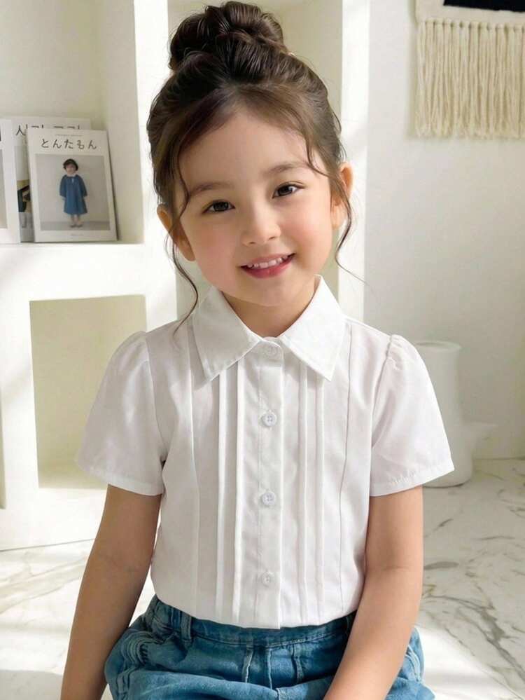 Kemeja Putih Lengan Pendek untuk Anak Perempuan, Kembali ke Sekolah, Pakaian Sehari-hari, Jalan-jalan - Putih - View 1