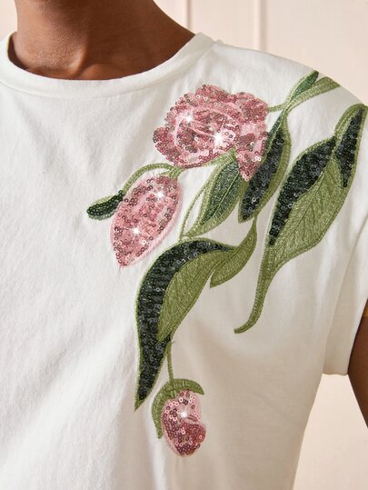 Lilora Damen Premium elegantes reines Baumwoll besticktes T-Shirt, hochwertige Mode, vielseitig für Pendeln, tägliche Lässig, Dates, Tagesausflüge, Weiß und Rosa, Sommer