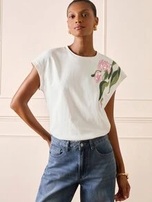 Lilora 女款高級優雅純棉刺繡T恤 高端時尚 百搭通勤 日常休閒 約會 日間出遊 白色與粉色 夏季 - 白色 - 查看 3