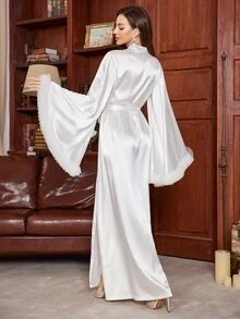 Slumberist Luxurious & Elegant Floor-Length Satin Long Robe, Women Pajama Robe, Women Nighty Robe, Bridal Robe, White Lace Robe, White Silk Robe - White - View 2
