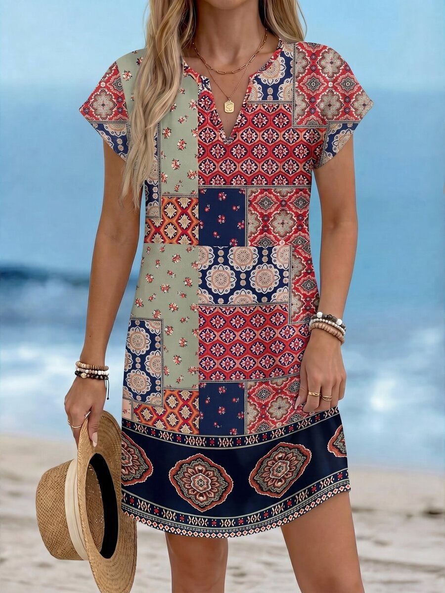 SHEIN LUNE Casual Minimalist V-Neck Short Dress For Women, Suitable For Spring/Summer Carnival Beach Navy Blue