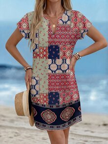 SHEIN LUNE Casual Minimalist V-Neck Short Dress For Women, Suitable For Spring/Summer Carnival Beach Navy Blue - Multicolor - View 4