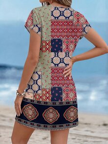 SHEIN LUNE Casual Minimalist V-Neck Short Dress For Women, Suitable For Spring/Summer Carnival Beach Navy Blue - Multicolor - View 3