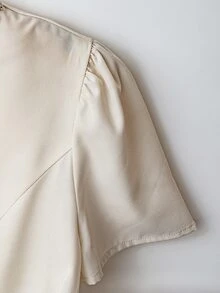 Franclia Women's Elegant Beaded Design Round Neck Cinched Waist Short Sleeve Blouse, Summer - Apricot - View 5