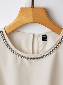 Franclia Women's Elegant Beaded Design Round Neck Cinched Waist Short Sleeve Blouse, Summer - Apricot - View 4