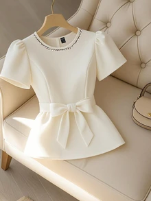 Franclia Women's Elegant Beaded Design Round Neck Cinched Waist Short Sleeve Blouse, Summer - Apricot - View 3