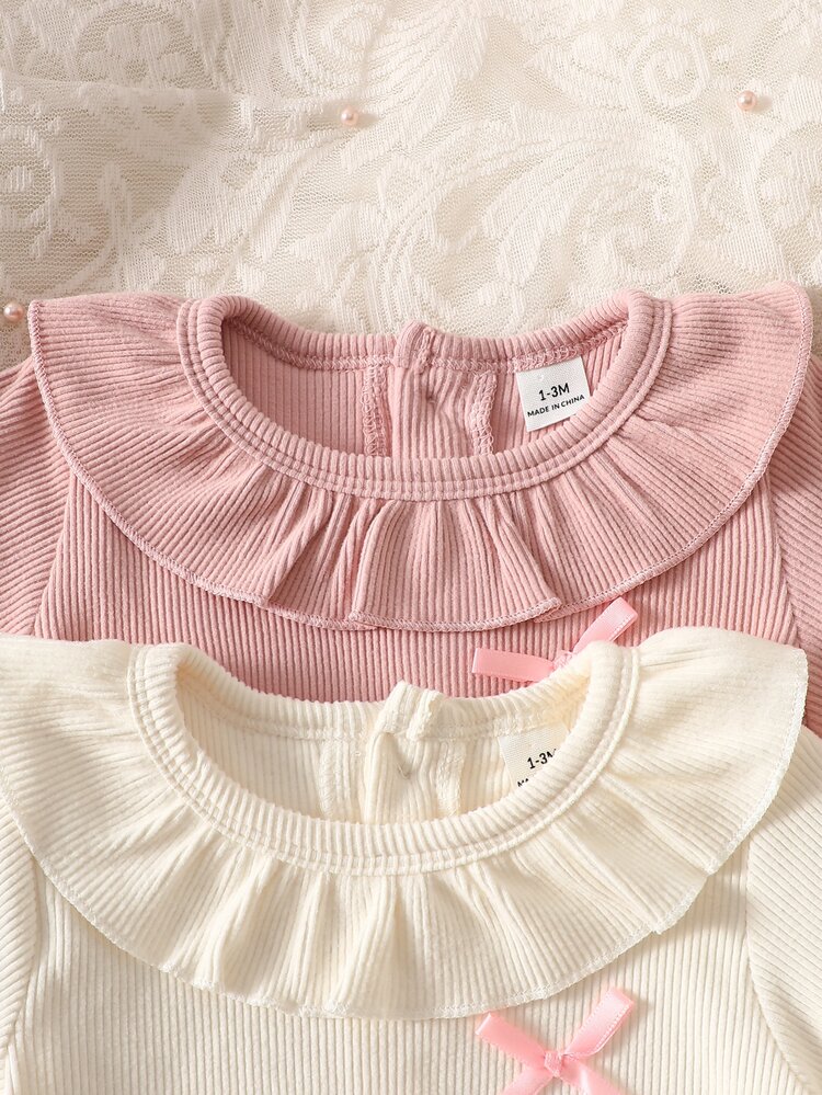 6pcs Baby Girls Footed Romper Jumpsuit Cute Sweet Pink Cream Ribbed Ruffle Bows Long Sleeve Round Neck Regular Baby Shower Autumn Fall Princess Gift - Multicolor - View 7