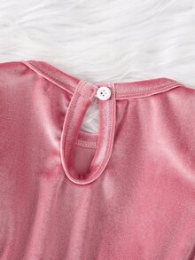 SHEIN 女嬰秋冬天鵝絨洋裝套裝，復古灰粉色長袖公主洋裝，蕾絲飾邊配大蝴蝶結，附配套髮箍，時尚周歲生日派對洋裝 - 粉色 - 查看 7