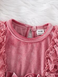 SHEIN 女嬰秋冬天鵝絨洋裝套裝，復古灰粉色長袖公主洋裝，蕾絲飾邊配大蝴蝶結，附配套髮箍，時尚周歲生日派對洋裝 - 粉色 - 查看 4