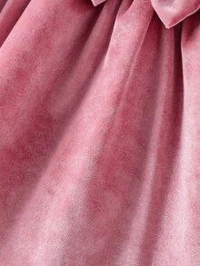 SHEIN 女嬰秋冬天鵝絨洋裝套裝，復古灰粉色長袖公主洋裝，蕾絲飾邊配大蝴蝶結，附配套髮箍，時尚周歲生日派對洋裝 - 粉色 - 查看 9