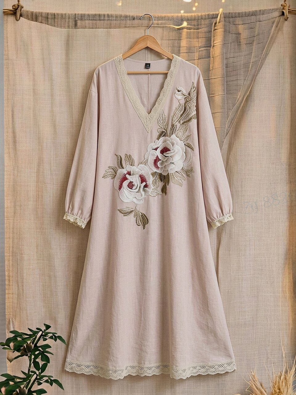 Plus Size Women's Floral Embroidered V-Neck Long Sleeve Elegant Dress Formal Fashion Week White Autumn Fall