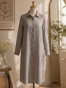 Rusticease Plus Size Women's Striped Single-Breasted Long Sleeve Long Casual Shirt Fall - Brown - View 3