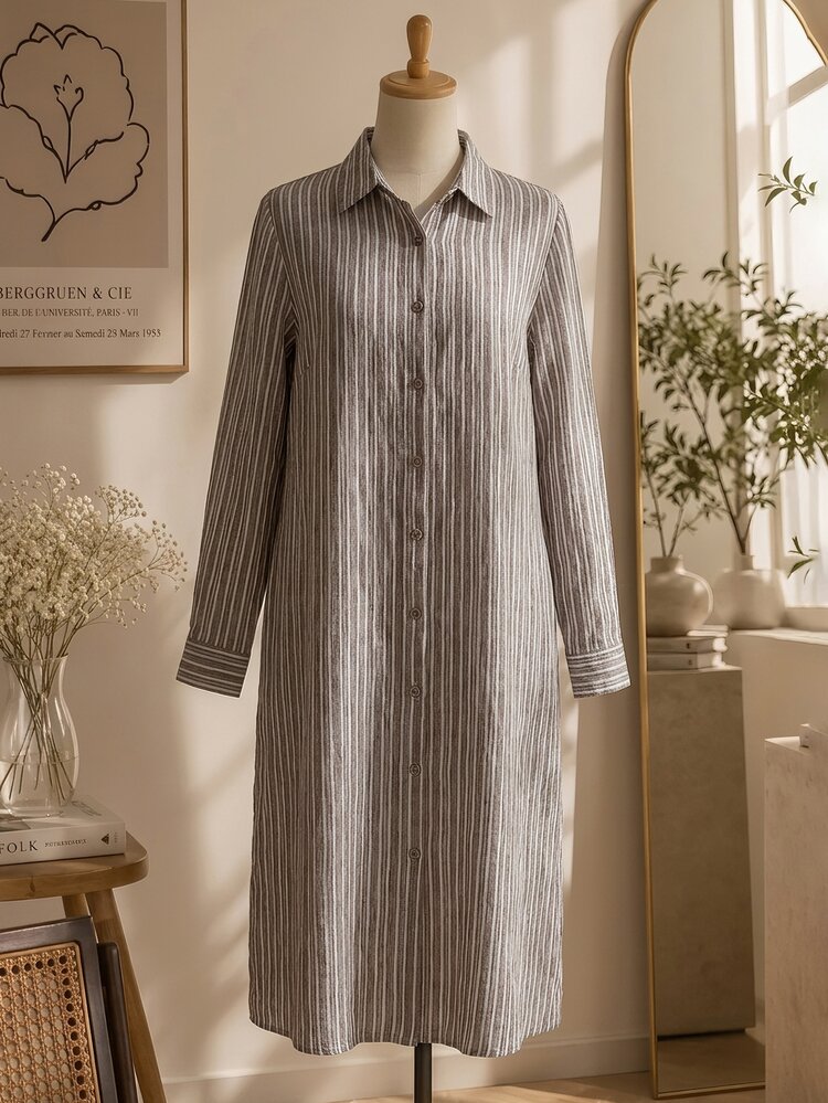 Rusticease Plus Size Women's Striped Single-Breasted Long Sleeve Long Casual Shirt Fall - Brown - View 3