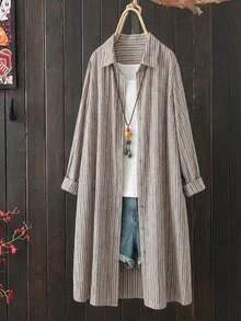 Rusticease Plus Size Women's Striped Single-Breasted Long Sleeve Long Casual Shirt Fall - Brown - View 2
