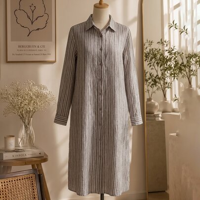 Plus Size Women's Striped Single-Breasted Long Sleeve Long Casual Shirt