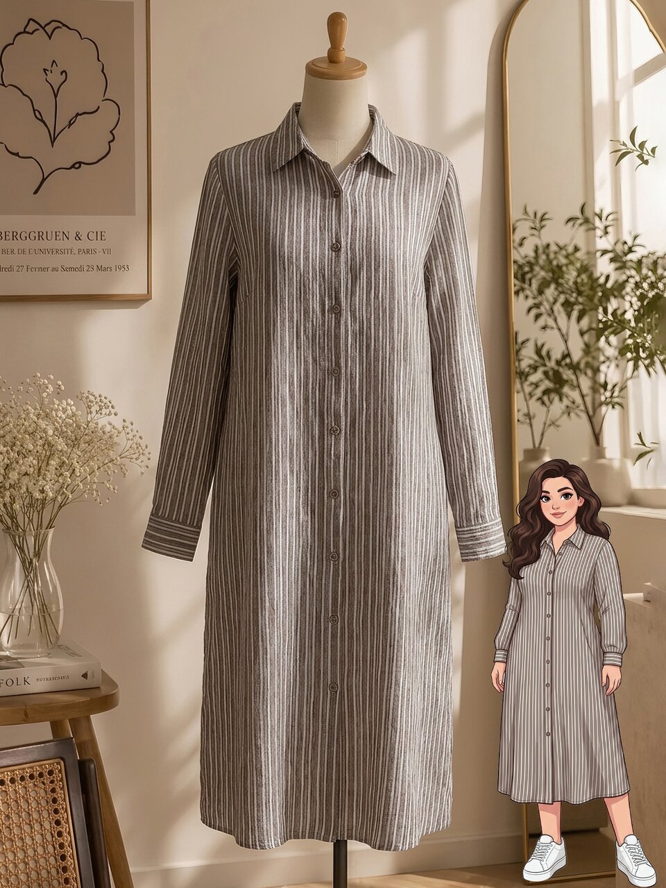 Plus Size Women's Striped Single-Breasted Long Sleeve Long Casual Shirt Fall